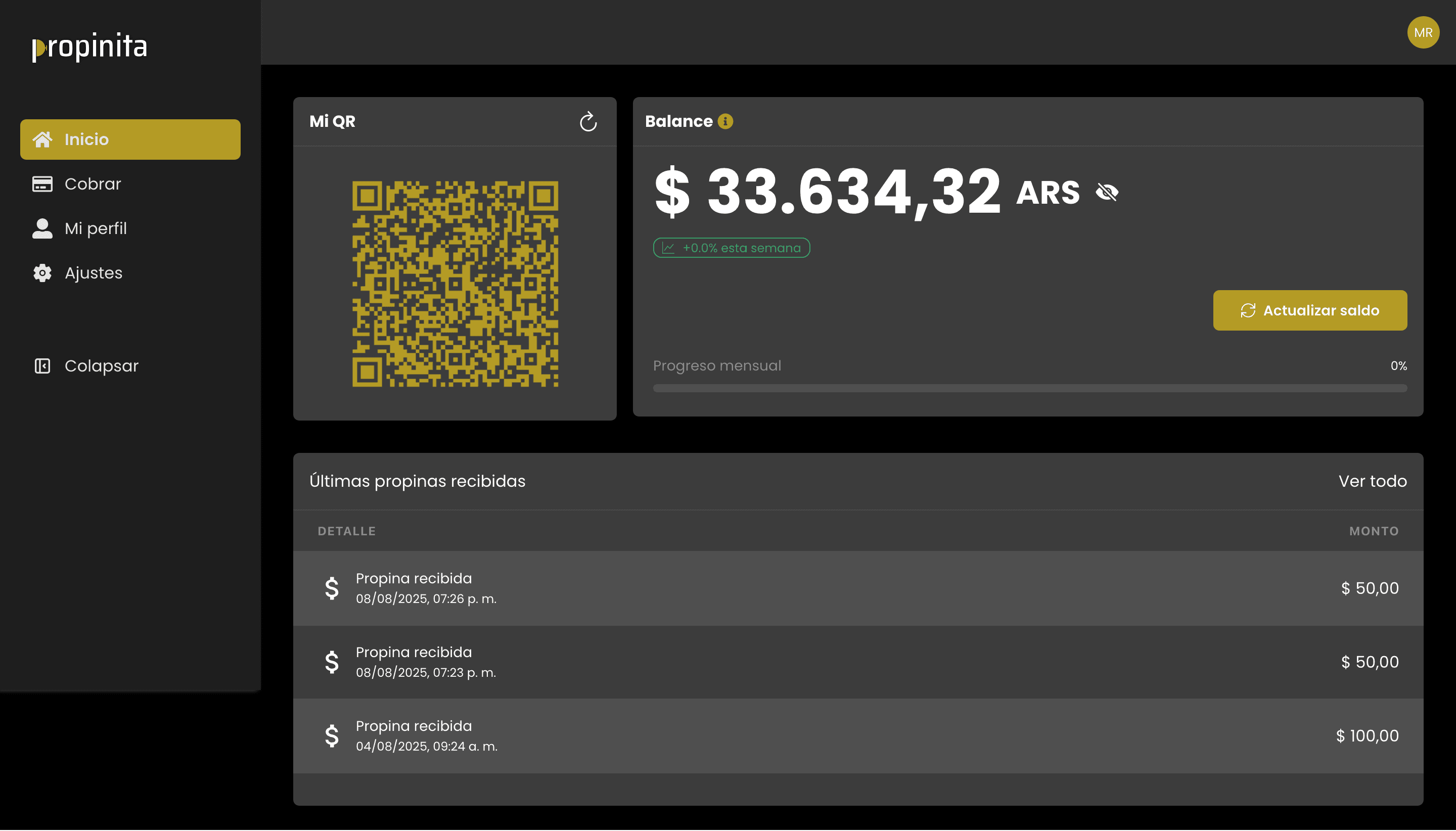 Captura de pantalla del dashboard